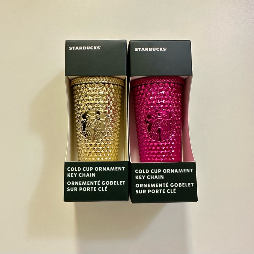 Starbucks Holiday 2022 Gold & Sangria Studded Bling Ornament Keychain